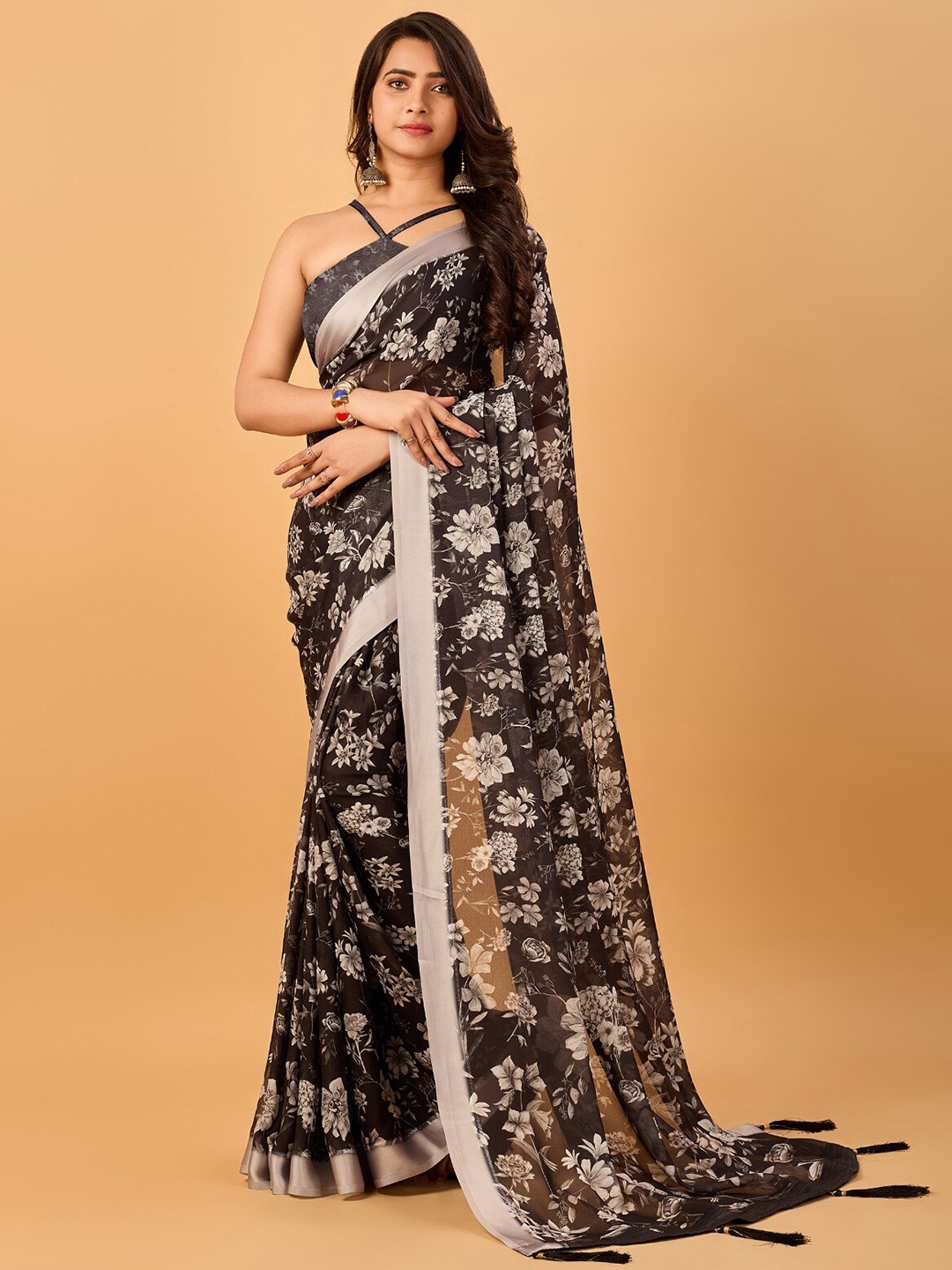 

SANJANA SILK Floral Printed Pure Chiffon Saree, Black