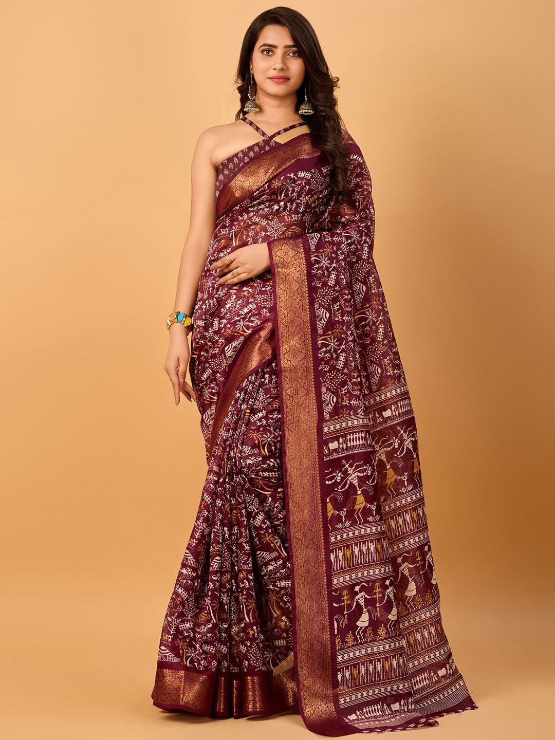 

SANJANA SILK Ethnic Motifs Printed Zari Silk Cotton Chanderi Saree, Purple