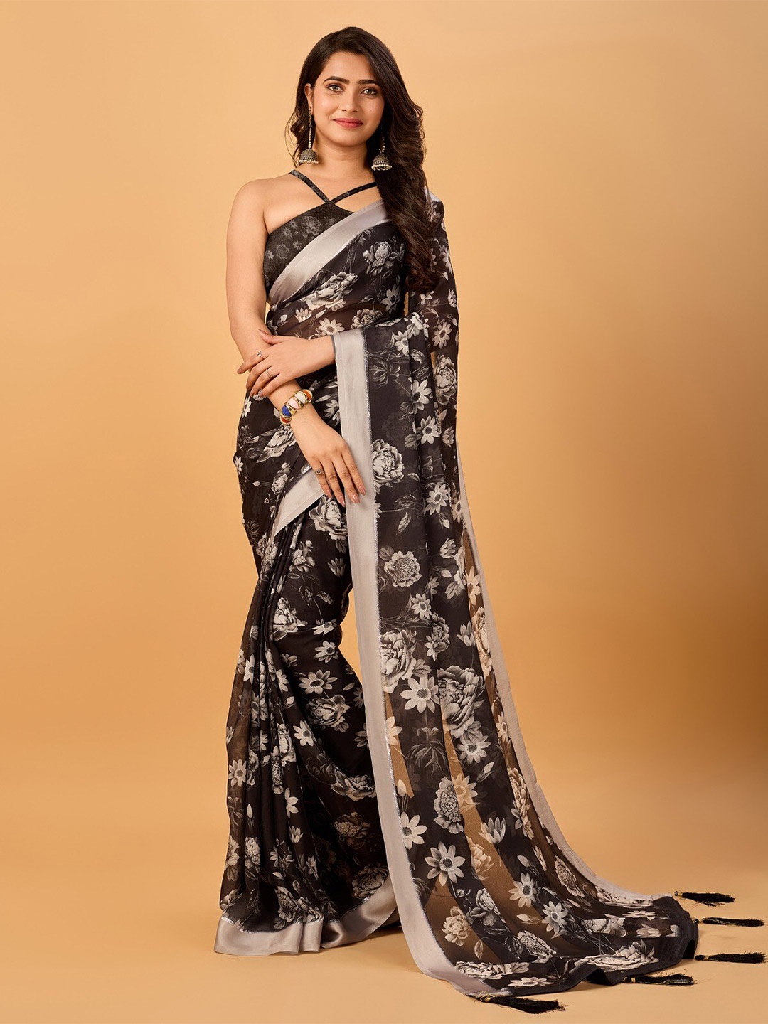 

SANJANA SILK Floral Printed Pure Chiffon Saree, Black