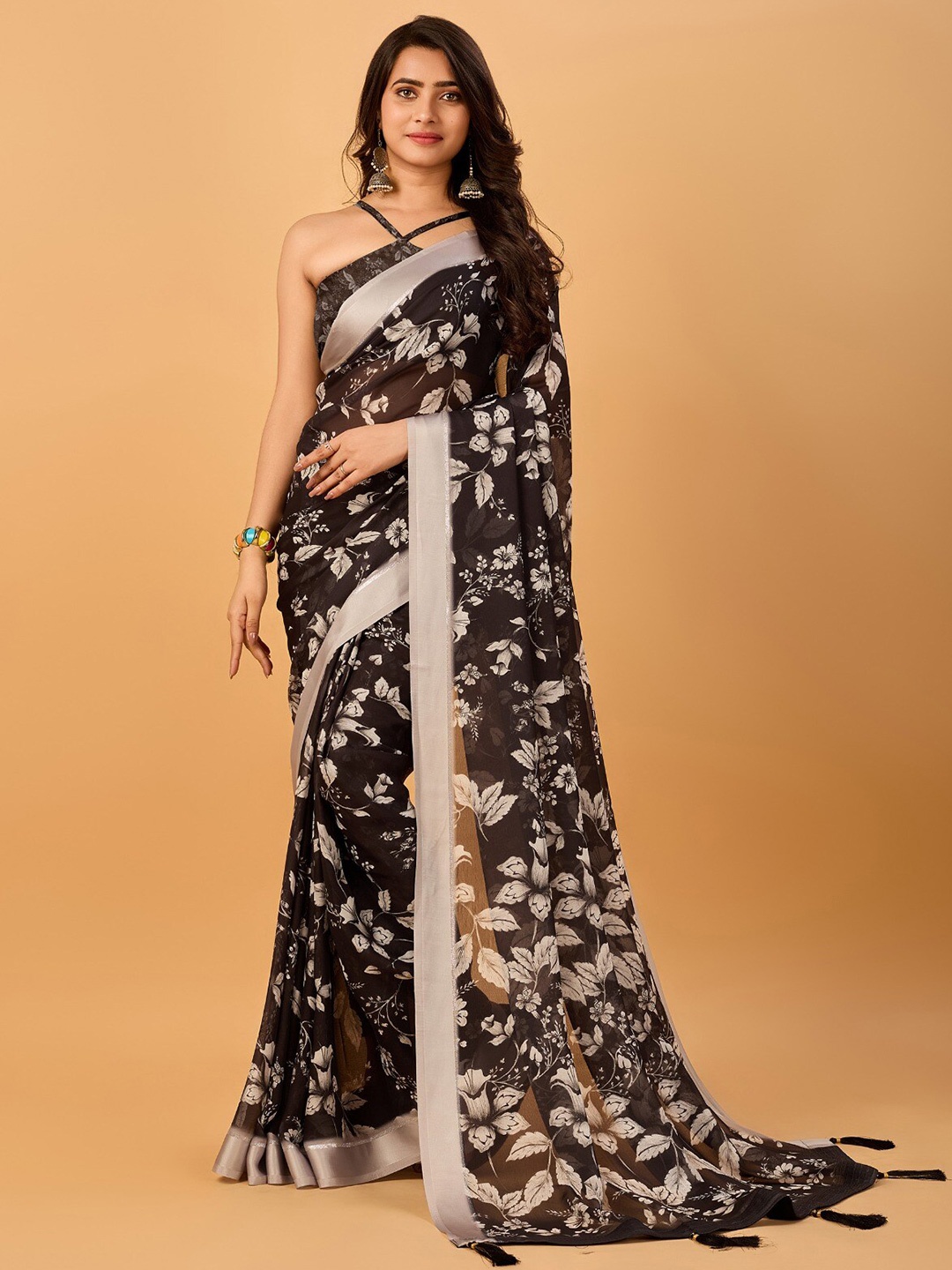 

SANJANA SILK Floral Printed Pure Chiffon Saree, Black
