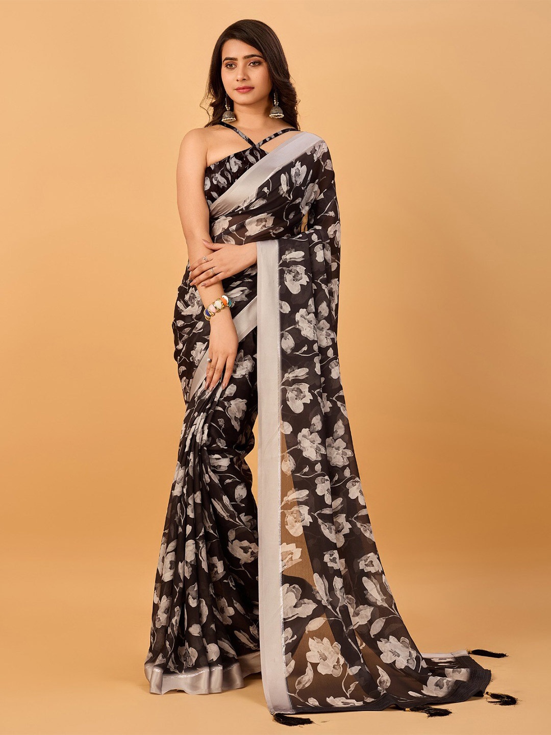 

SANJANA SILK Floral Printed Pure Chiffon Saree, Black