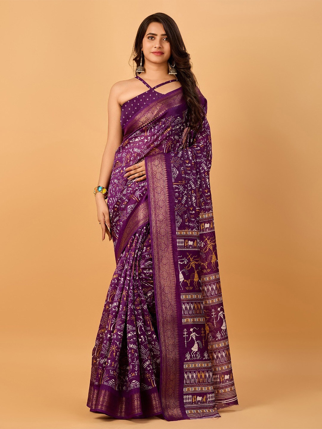 

SANJANA SILK Ethnic Motifs Printed Zari Silk Cotton Chanderi Saree, Violet