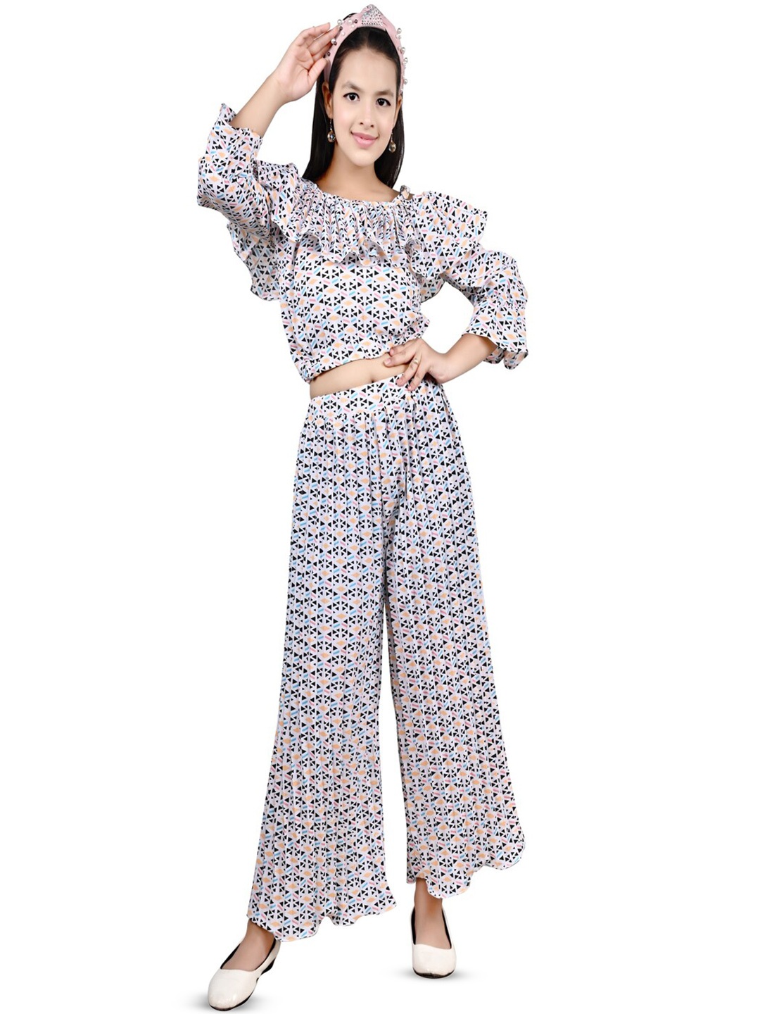 

BAESD Girls Geometric Printed Shoulder Strap Top With Trouser, White