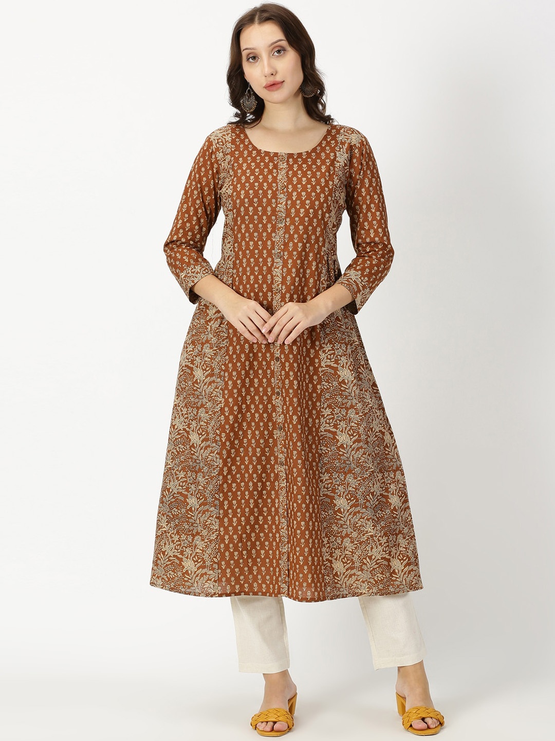 

Saffron Threads Floral Printed Panelled Pure Cotton A-line Kurta, Brown