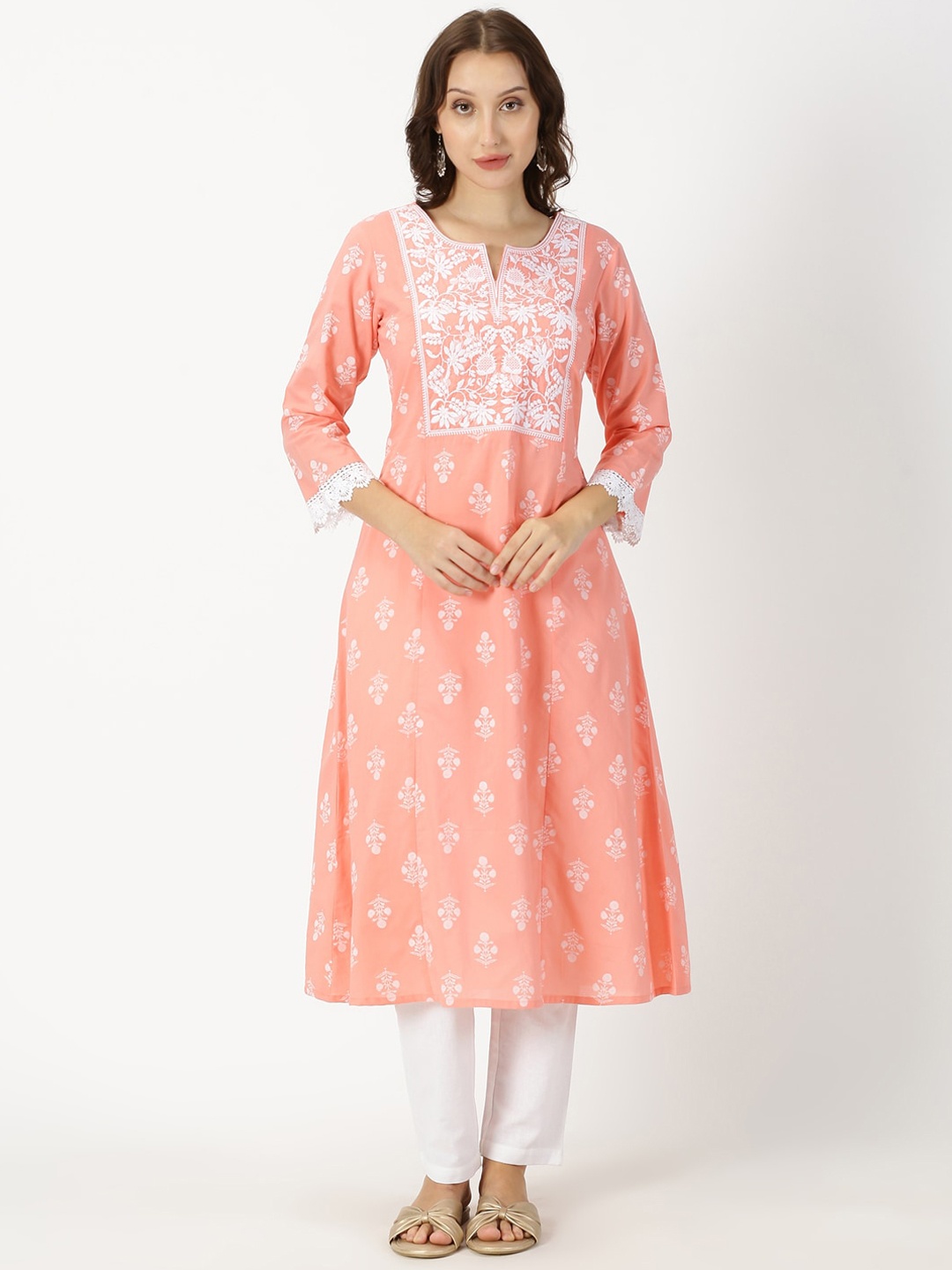 

Saffron Threads Floral Embroidered Chikankari Pure Cotton A-Line Kurta, Peach