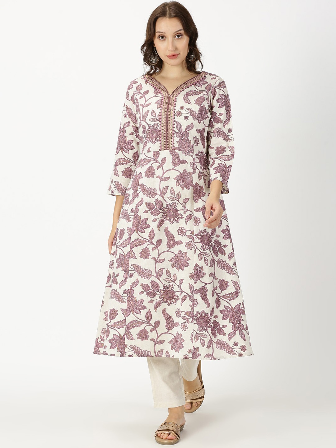 

Saffron Threads Floral Printed With Neck Embroidery A-line Kurta, Off white