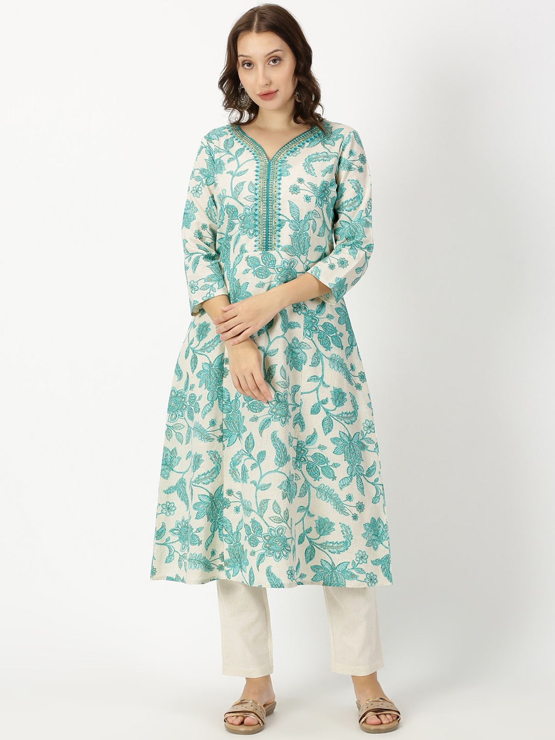 

Saffron Threads Floral Printed A-line Kurta with Neck Embroidery, Off white