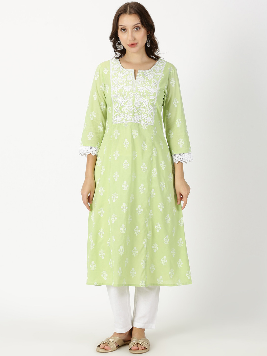 

Saffron Threads Floral Embroidered Chikankari Pure Cotton A-Line Kurta, Green