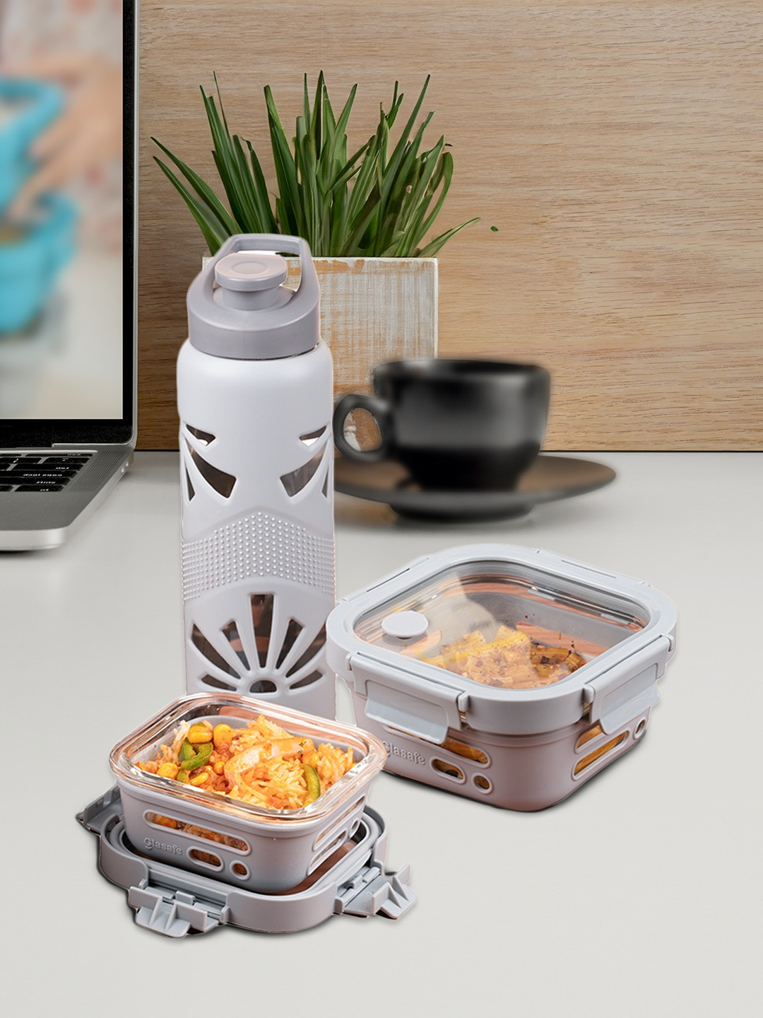 

GLASAFE Grey 3Pcs Glass Dishwasher and Microwave Safe Lunch Boxes With Water Bottle