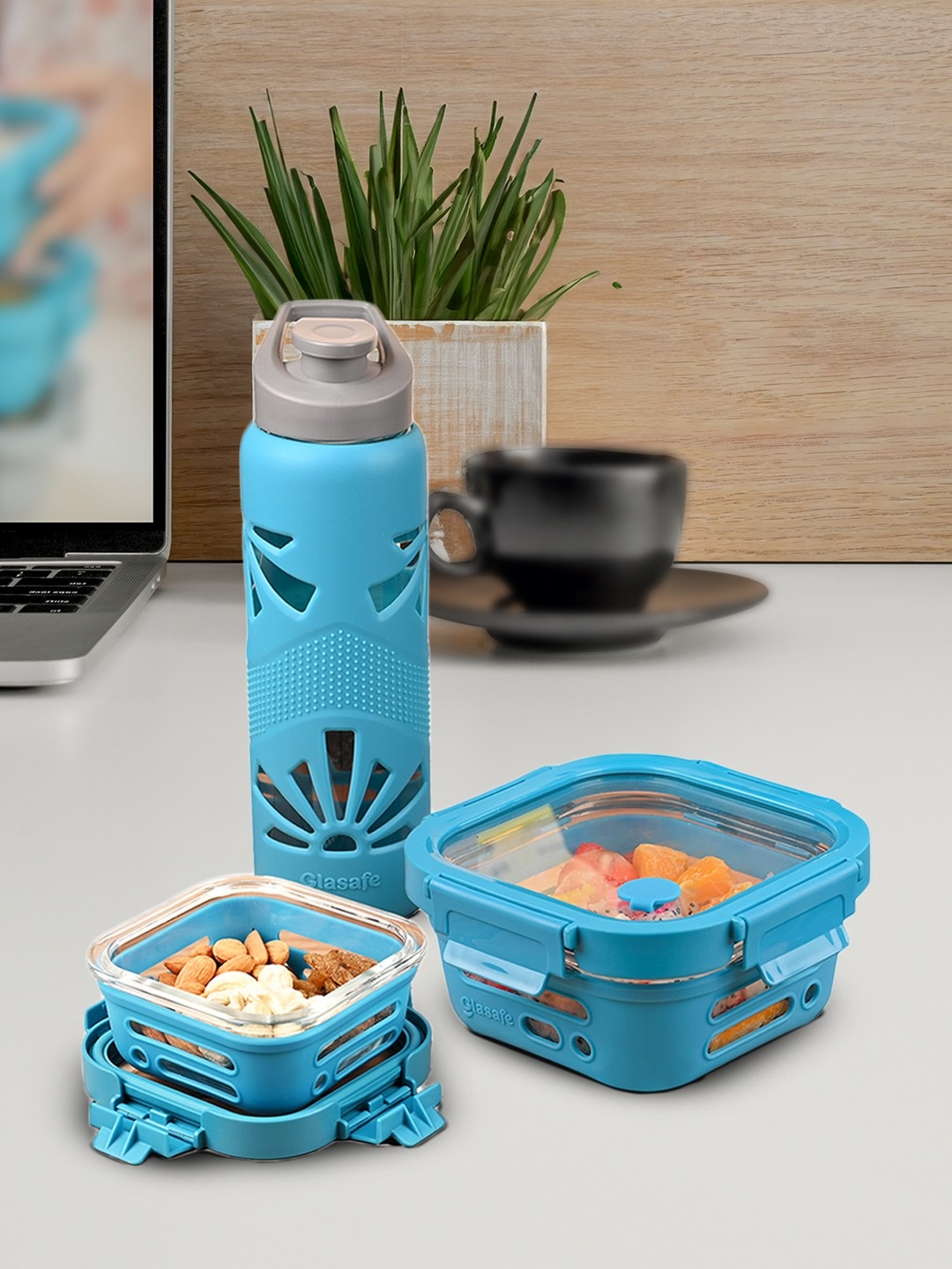 

GLASAFE Blue 3 Pieces Borosilicate Glass Leakproof Lunch Boxes & Water Bottle