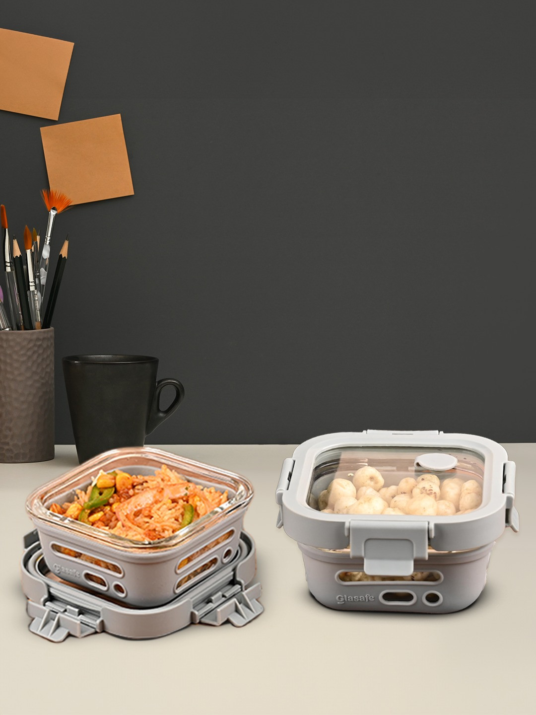 

GLASAFE Grey & Transparent 2 Pieces Glass Dishwasher and Microwave Safe Lunch Box