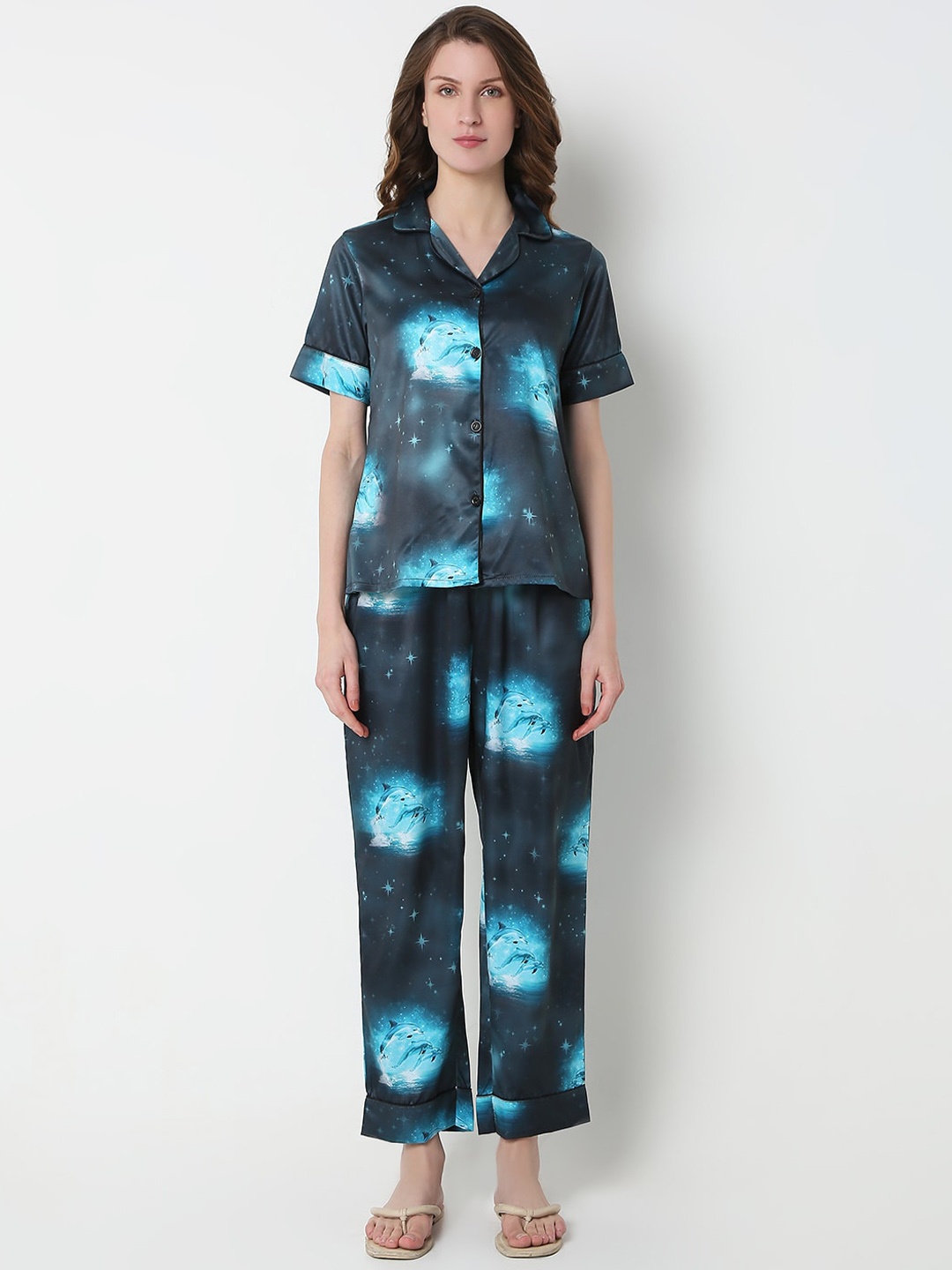 

Smarty Pants Women Conversational Printed Silk Satin Night Suit, Blue