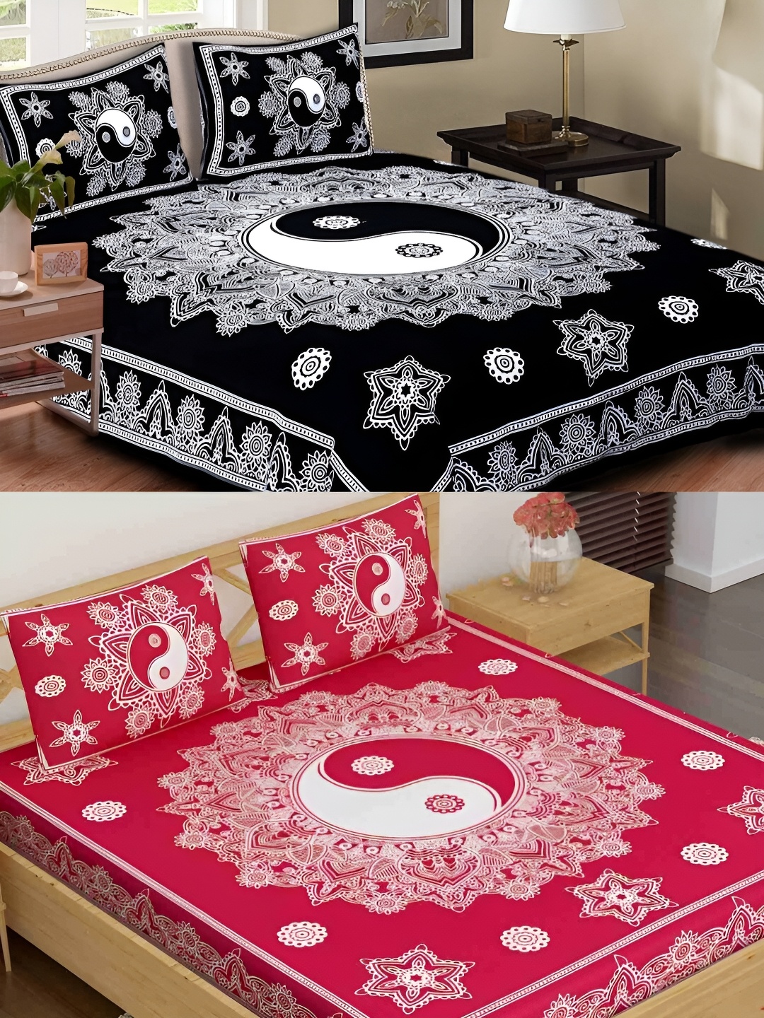 

Runjhun Red & Black Floral Cotton 144 TC 2 Queen Bedsheet with 4 Pillow Covers