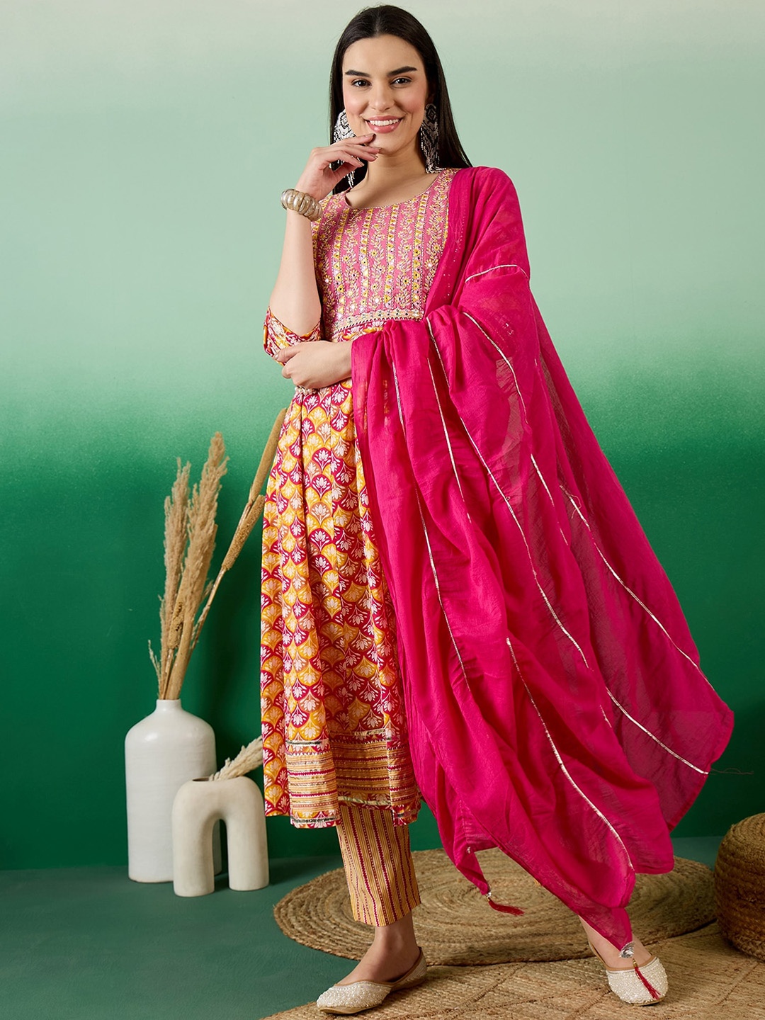 

Sangria Mustard Yellow Floral Printed Cotton Round Neck Kurta With Trousers & Dupatta, Pink