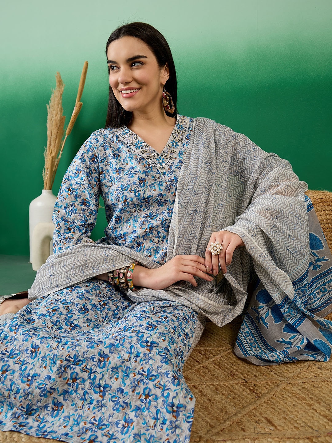 

Sangria Blue Floral V-Neck Thread Work Pure Cotton Straight Kurta With Trouser & Dupatta