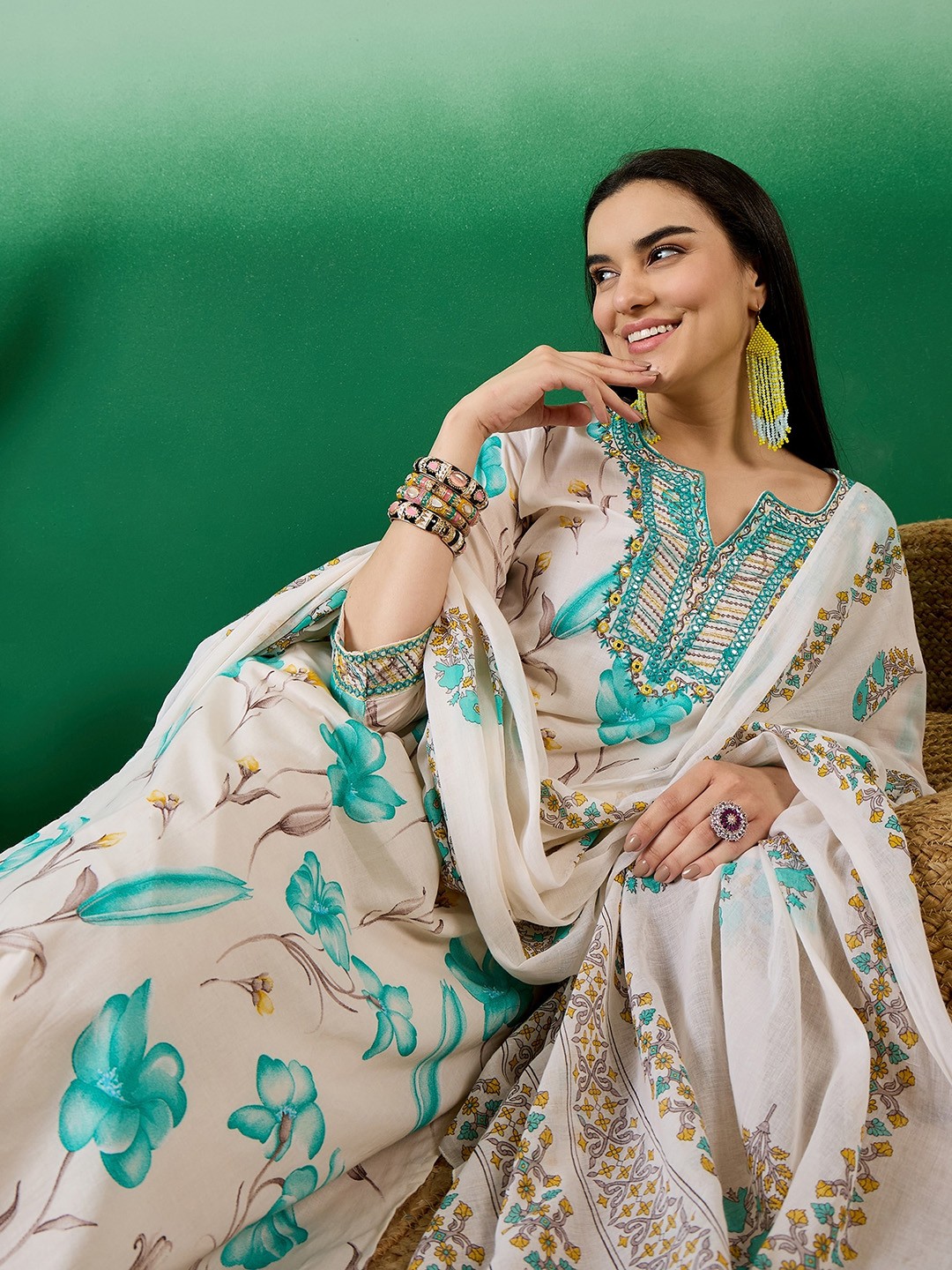 

Sangria White Floral Printed Thread Work Pure Cotton Kurta With Trouser & Dupatta