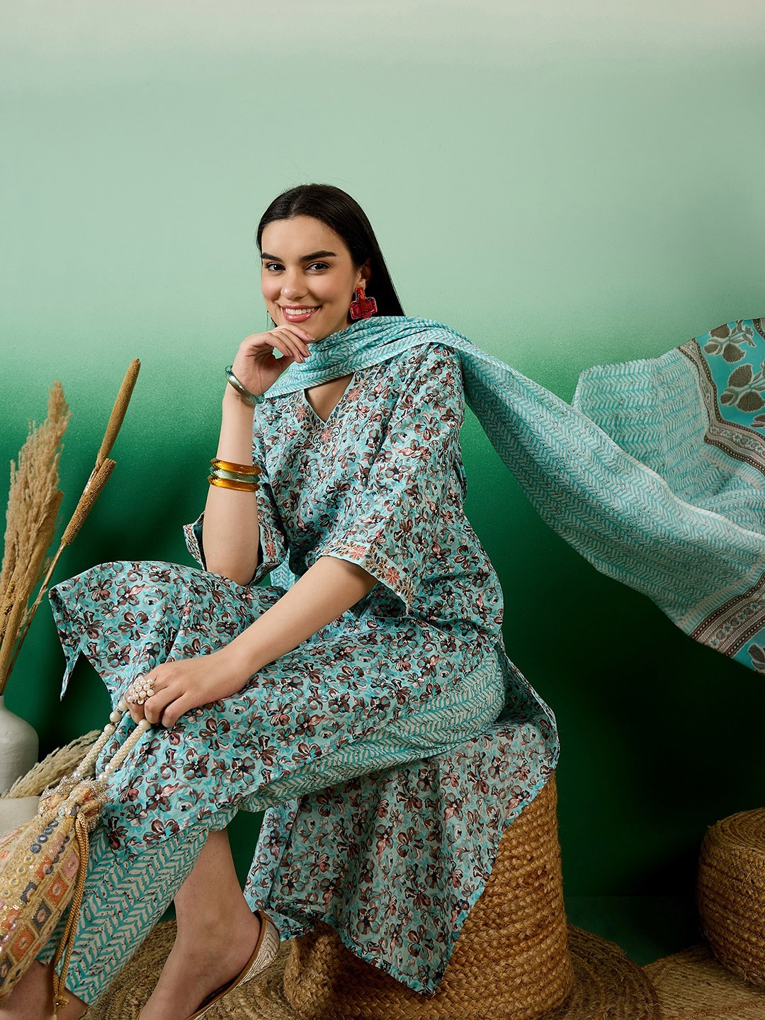 

Sangria Blue Floral V-Neck Thread Work Pure Cotton Straight Kurta With Trouser & Dupatta