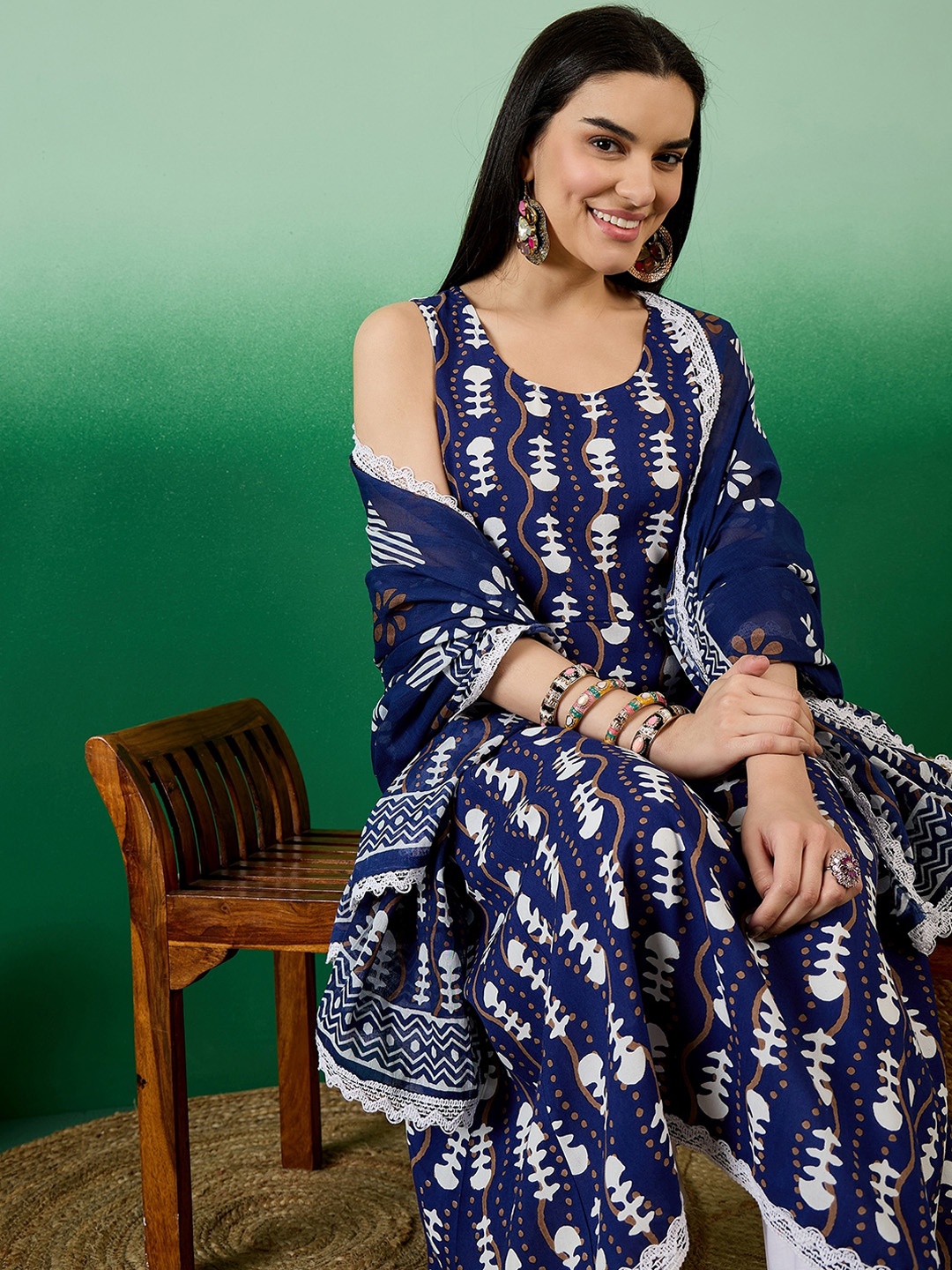 

Sangria Blue Ethnic Motifs Round Neck Gotta Patti Anarkali Kurta With Trousers & Dupatta