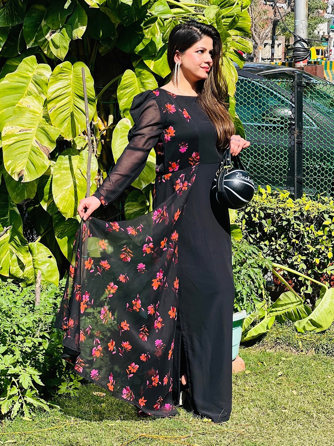 

LAKHINA COUTURE Floral Printed Georgette Maxi Midi Dress, Black