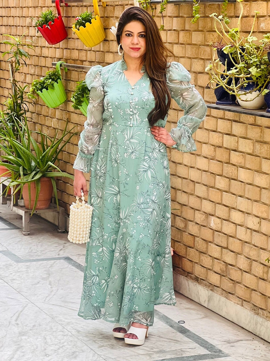 

LAKHINA COUTURE Floral Printed Georgette Maxi Dress, Sea green