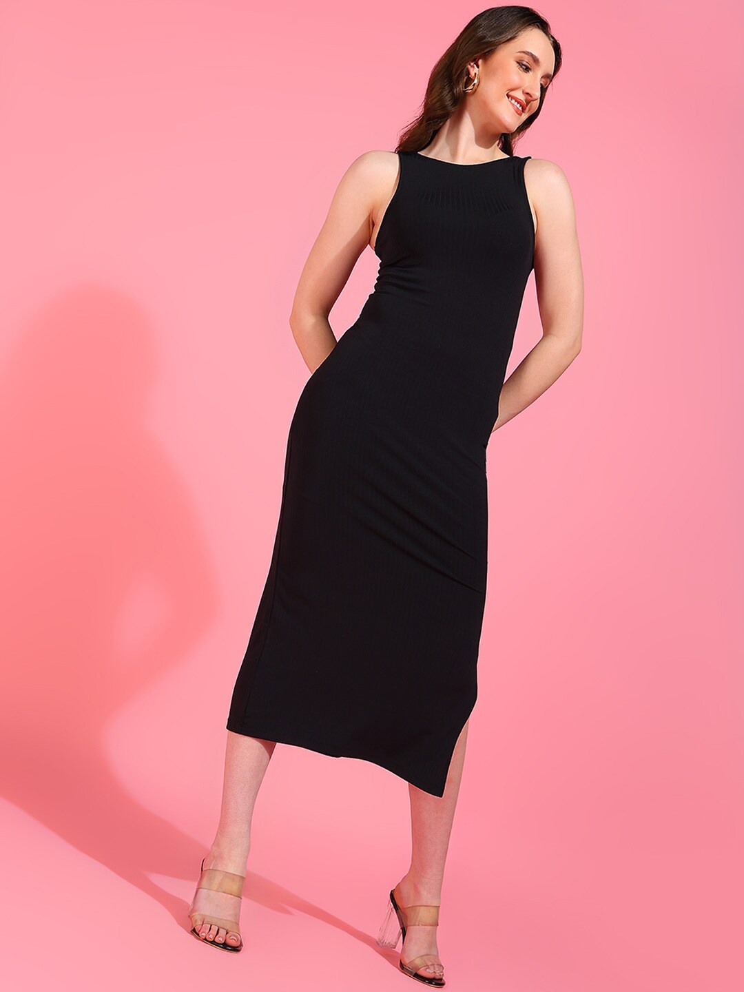 

Mast & Harbour Black Round Neck Side Slit Bodycon Dress