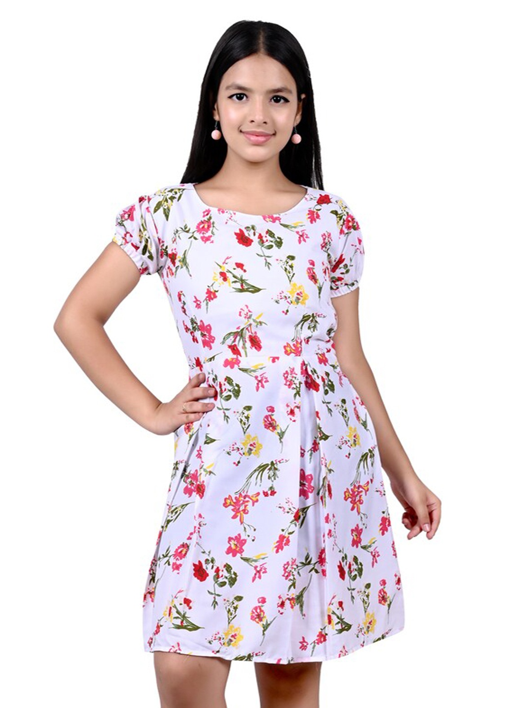 

BAESD Floral Printed Round Neck Short Sleeves Fit & Flare Cotton Dress, White