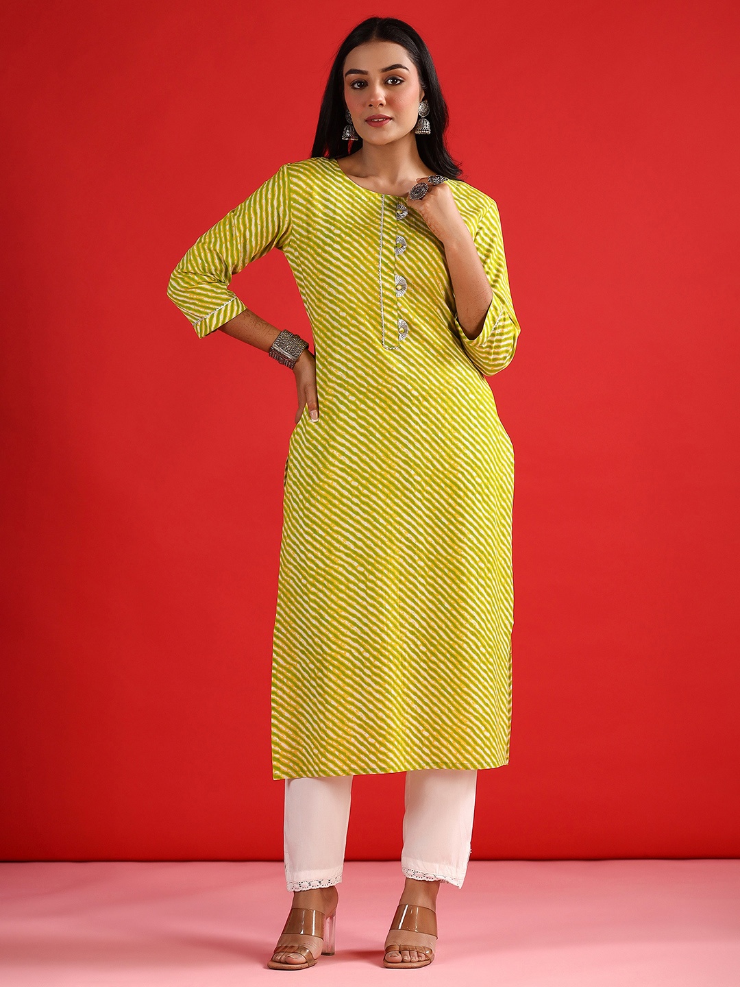 Indo Era Women Ethnic Motifs Printed Keyhole Neck Mirror Work Kurta, Green