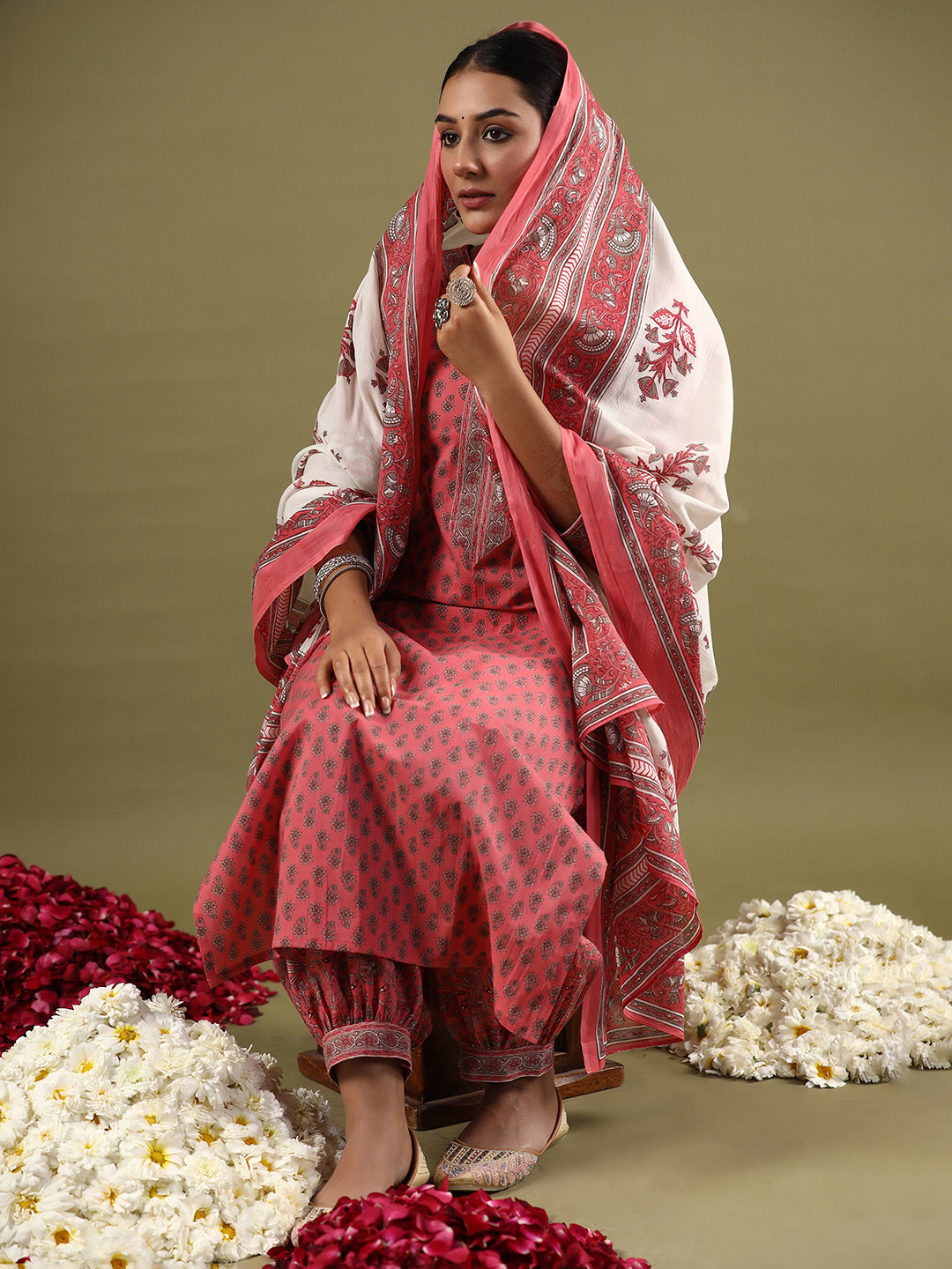 

Indo Era Ethnic Motifs Printed Pure Cotton Straight Kurta With Salwar & Dupatta, Pink