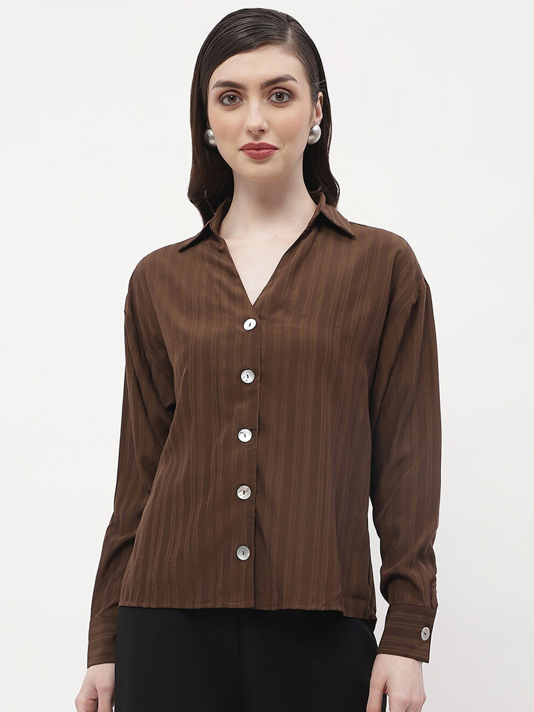 

Madame Vertical Striped Long Sleeves Casual Shirt, Coffee brown