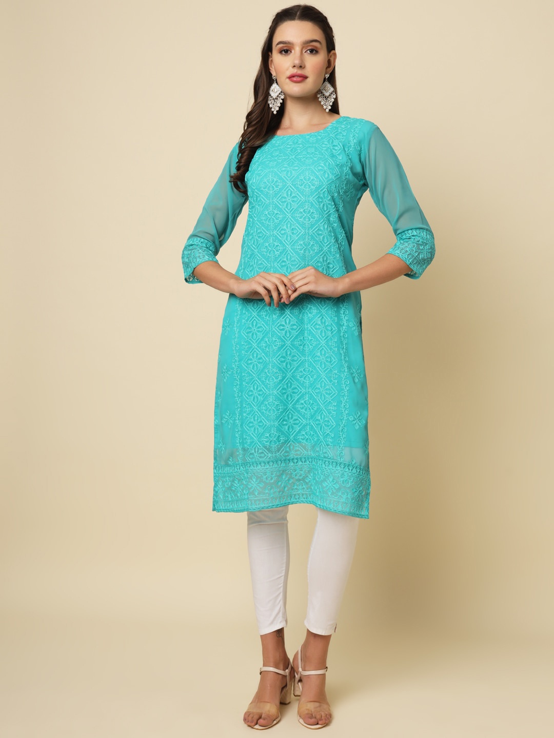 

VAIRAGEE Ethnic Motifs Embroidered Georgette Kurta, Turquoise blue