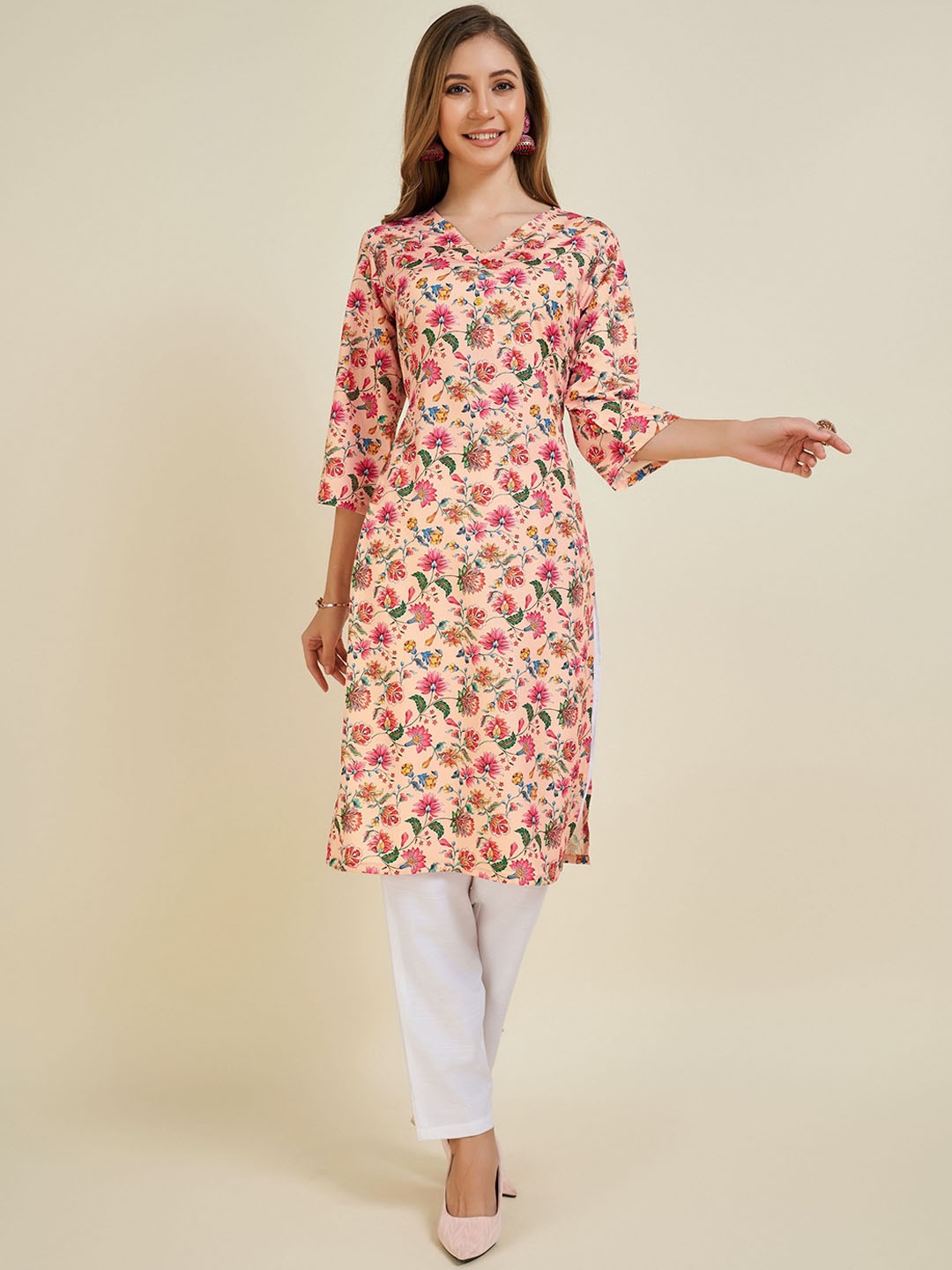 Rekha Maniyar V Neck Floral Printed Crepe Straight Kurta, Orange