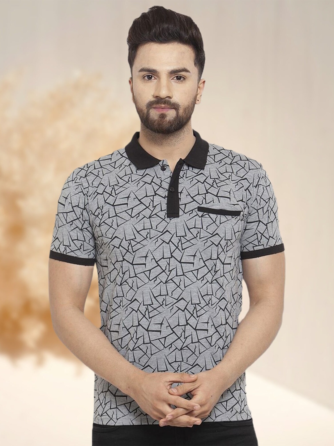 

WILD WEST Abstract Printed Polo Collar T-shirt, Grey