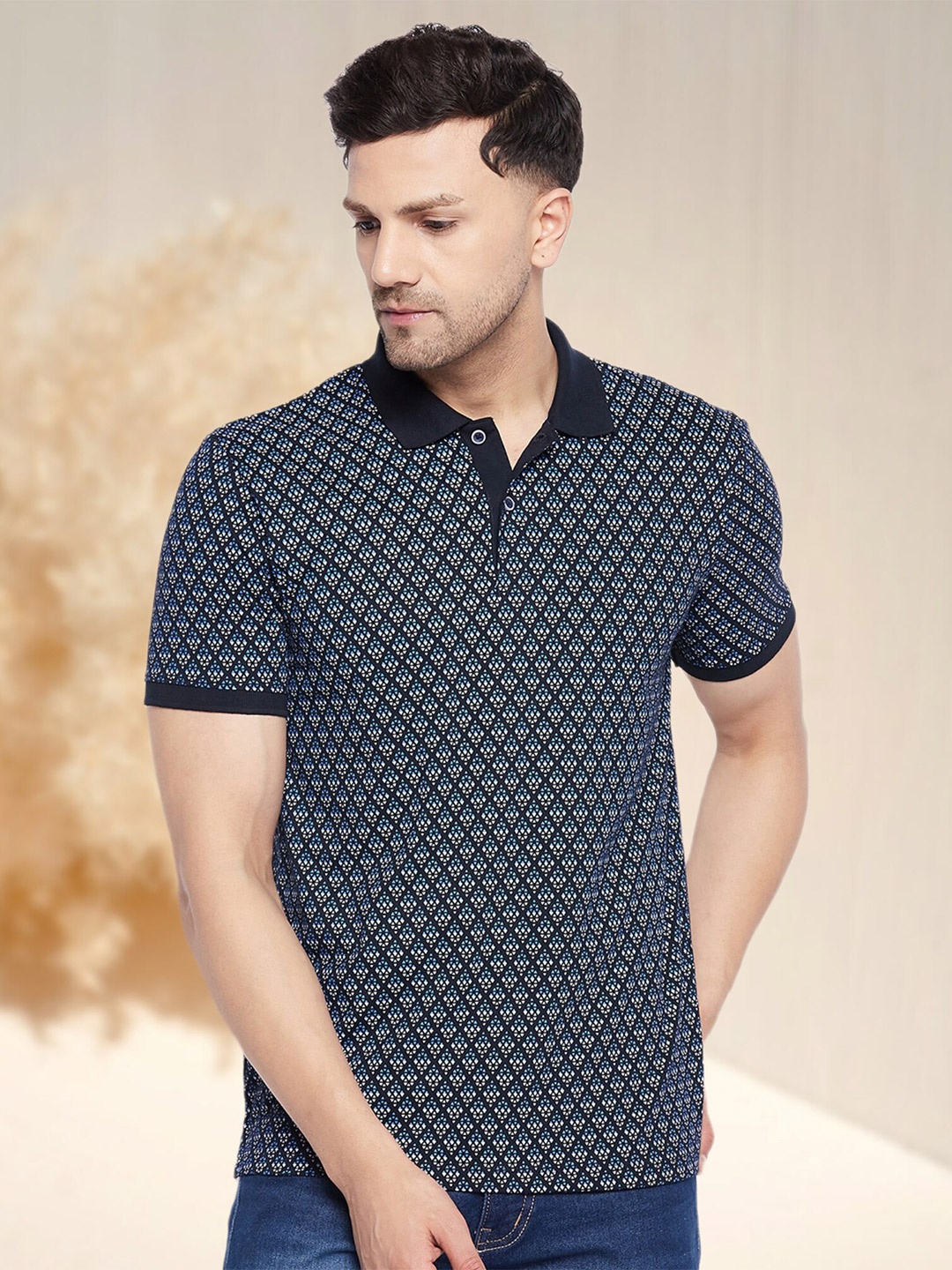 

WILD WEST Geometric Printed Polo Collar T-shirt, Navy blue