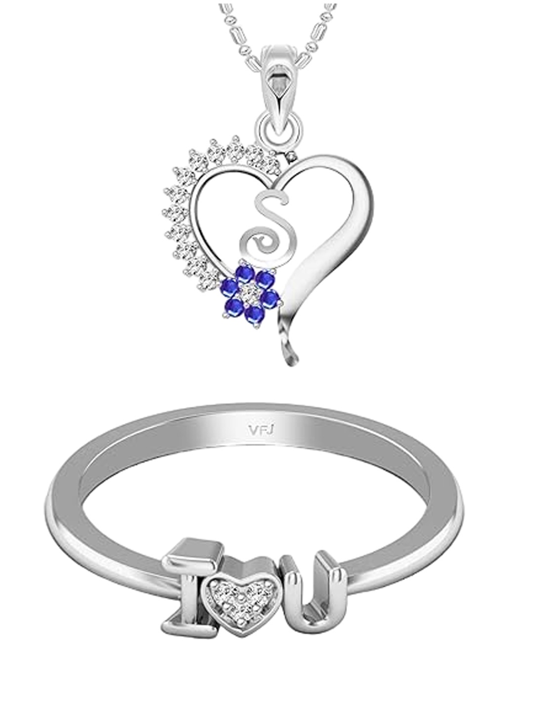 

Vighnaharta Rhodium-Plated CZ-Studded Alphabet Heart Pendant With Chain & Finger Ring, Silver