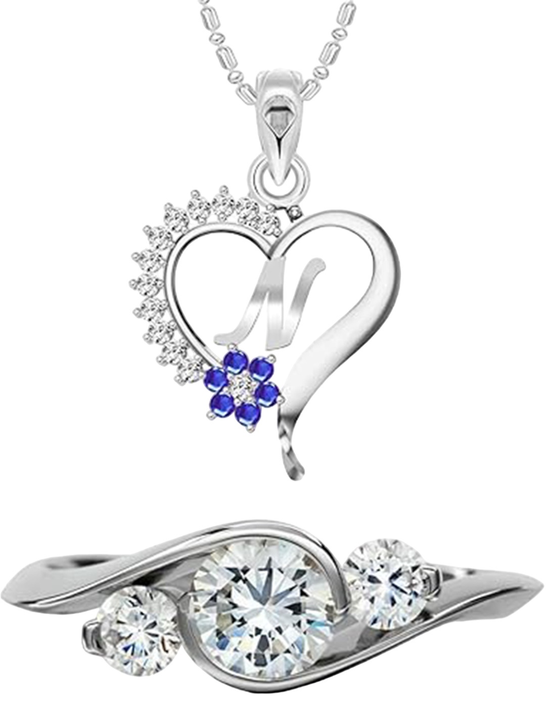 

Vighnaharta Rhodium-Plated CZ-Studded Alphabet Heart Pendant With Chain & Finger Ring, Silver