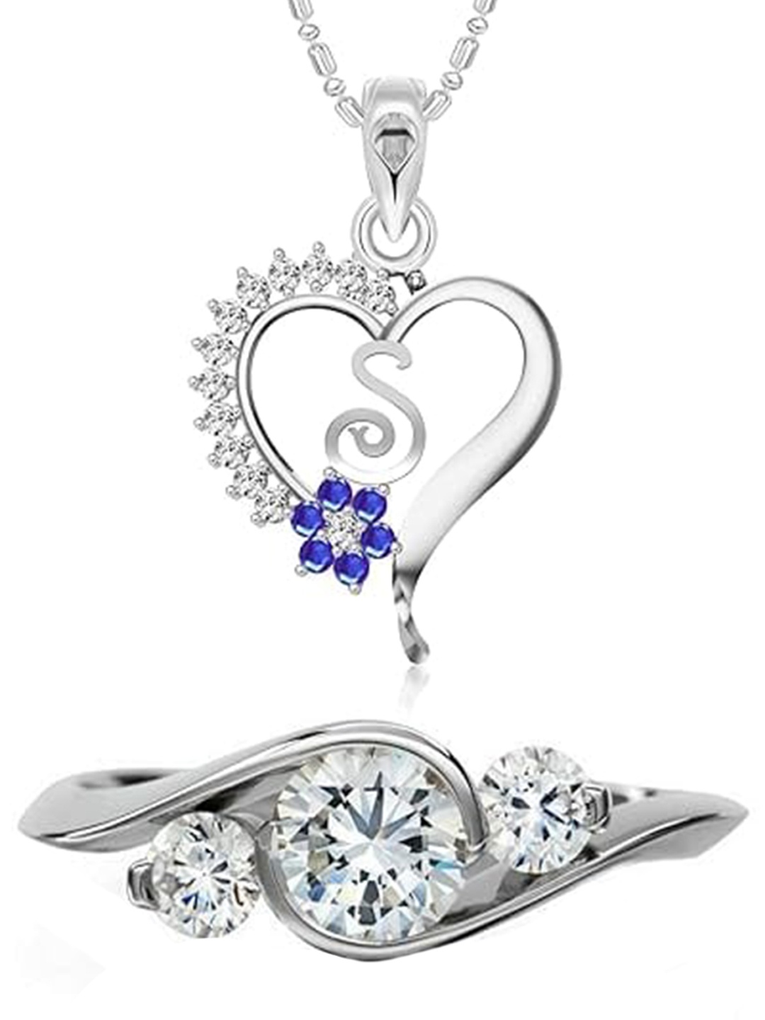 

Vighnaharta Rhodium-Plated CZ-Studded Alphabet Heart Pendant With Chain & Finger Ring, Silver