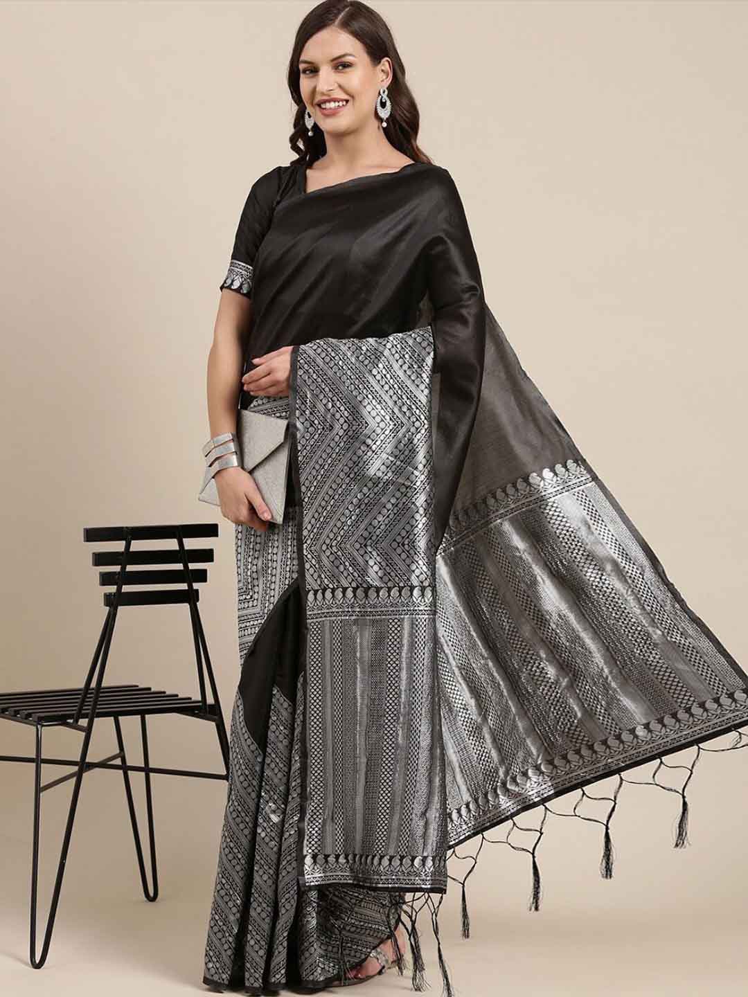 

KALINI Ethnic Motifs Woven Design Zari Saree, Black