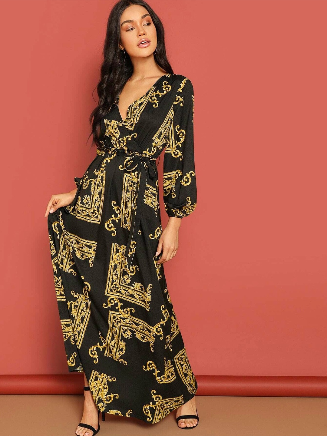 

UMANTA Ethnic Motifs Print Linen Puff Sleeve Maxi Dress, Black