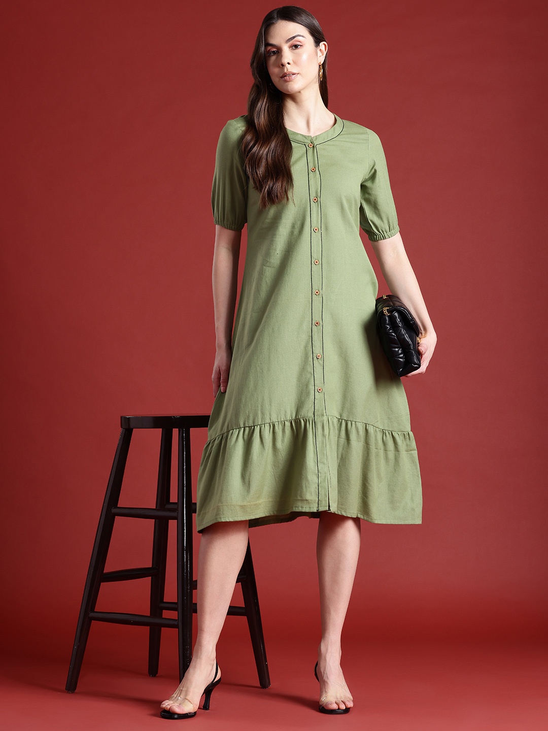 

all about you Puff Sleeve A-Line Midi Dress, Olive