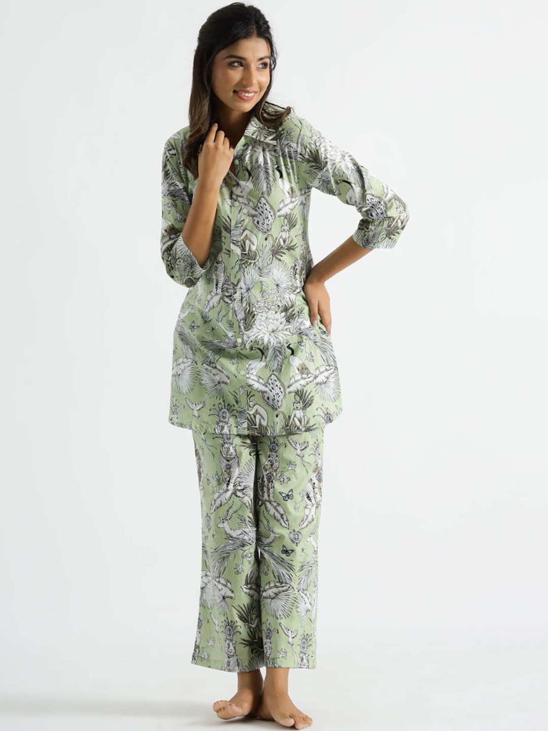 

FLAVIA CREATION Printed Pure Cotton Shirt & Trousers Co-Ords, Green