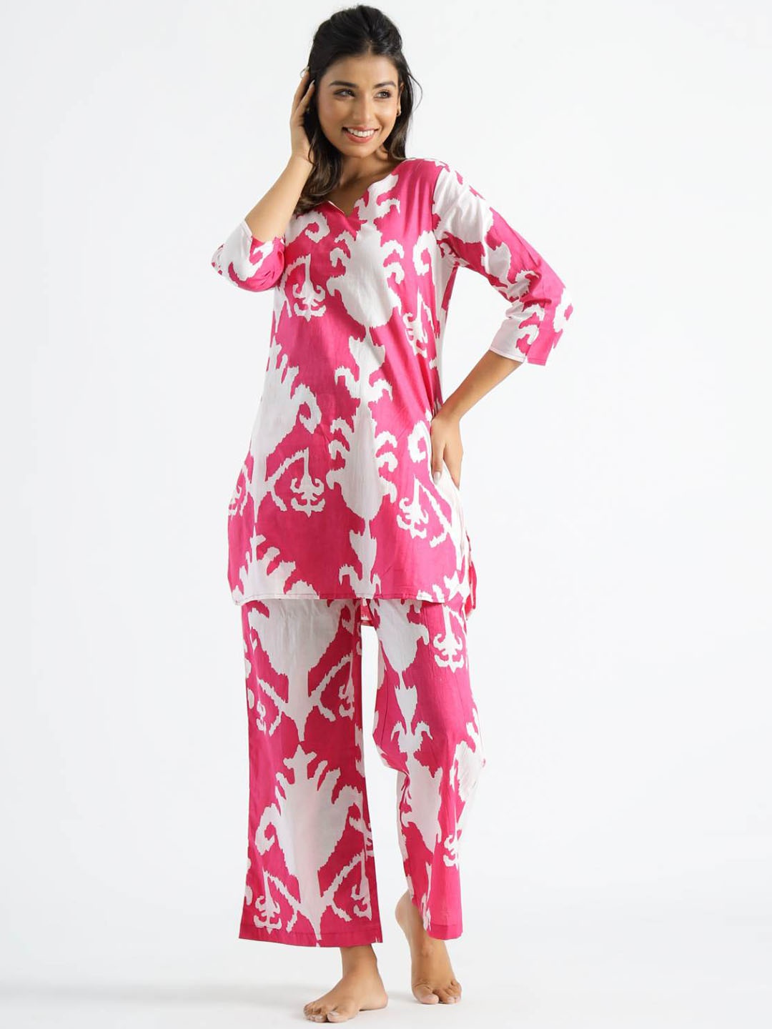 

FLAVIA CREATION Printed Pure Cotton Tunic With Pyjamas, Pink