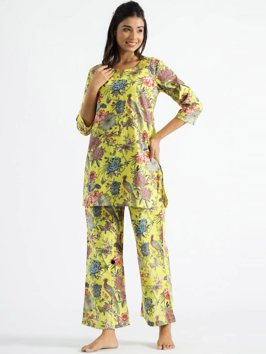 

FLAVIA CREATION Printed Pure Cotton Tunic With Pyjamas, Yellow
