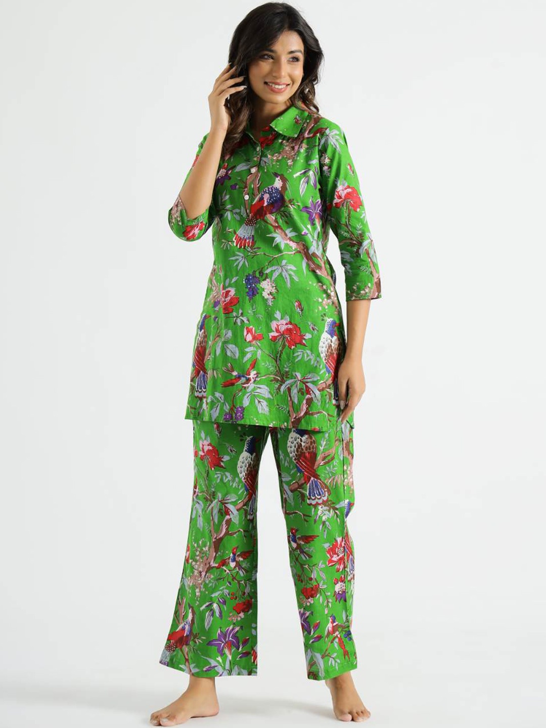 

FLAVIA CREATION Floral Printed Pure Cotton Top With Pyjamas, Green