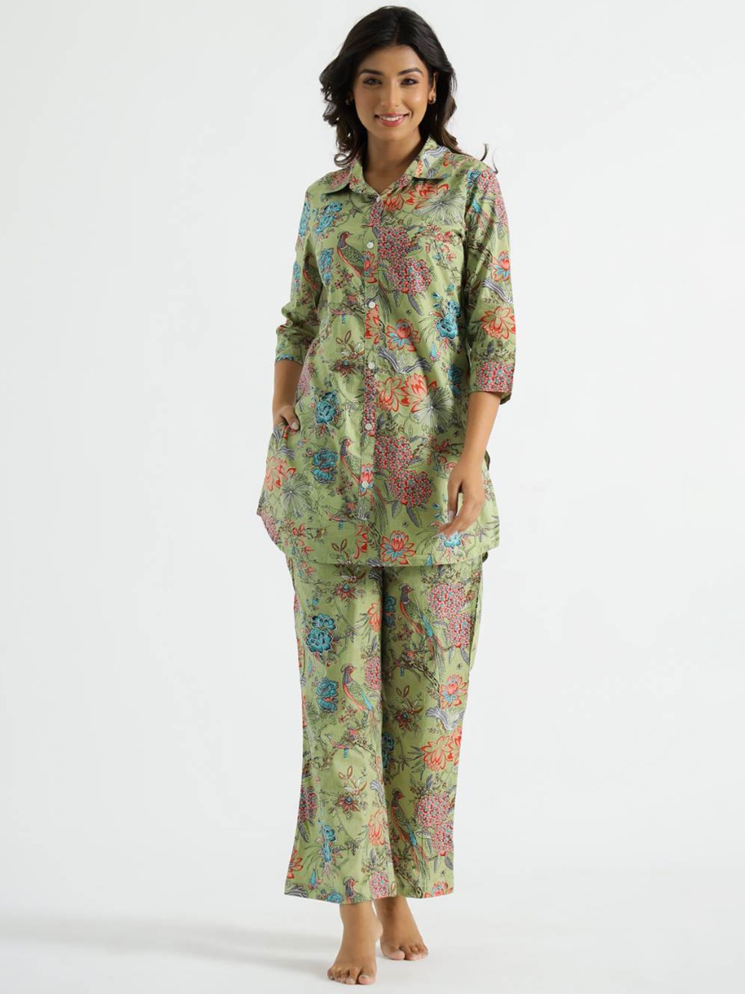 

FLAVIA CREATION Floral Printed Pure Cotton Top With Pyjamas, Green