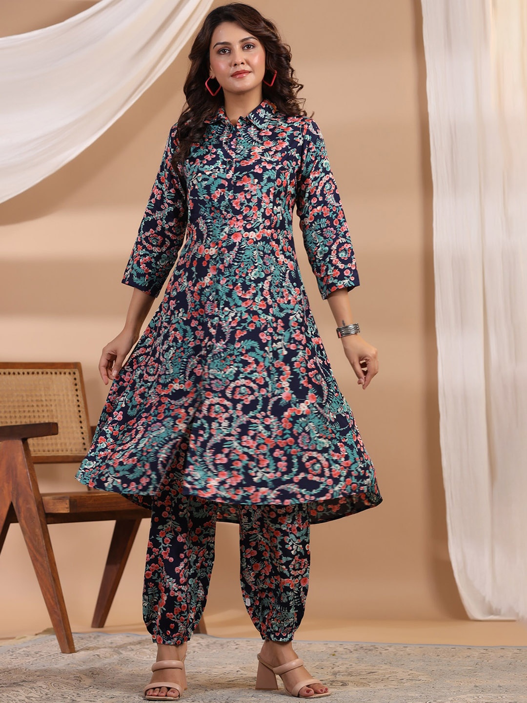 

JISORA Printed Silk Anarkali Set, Blue