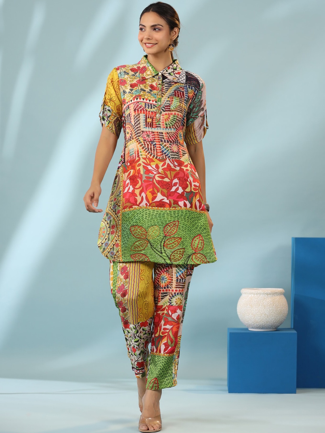 

JISORA Printed Silk Kurta With Trouser, Orange