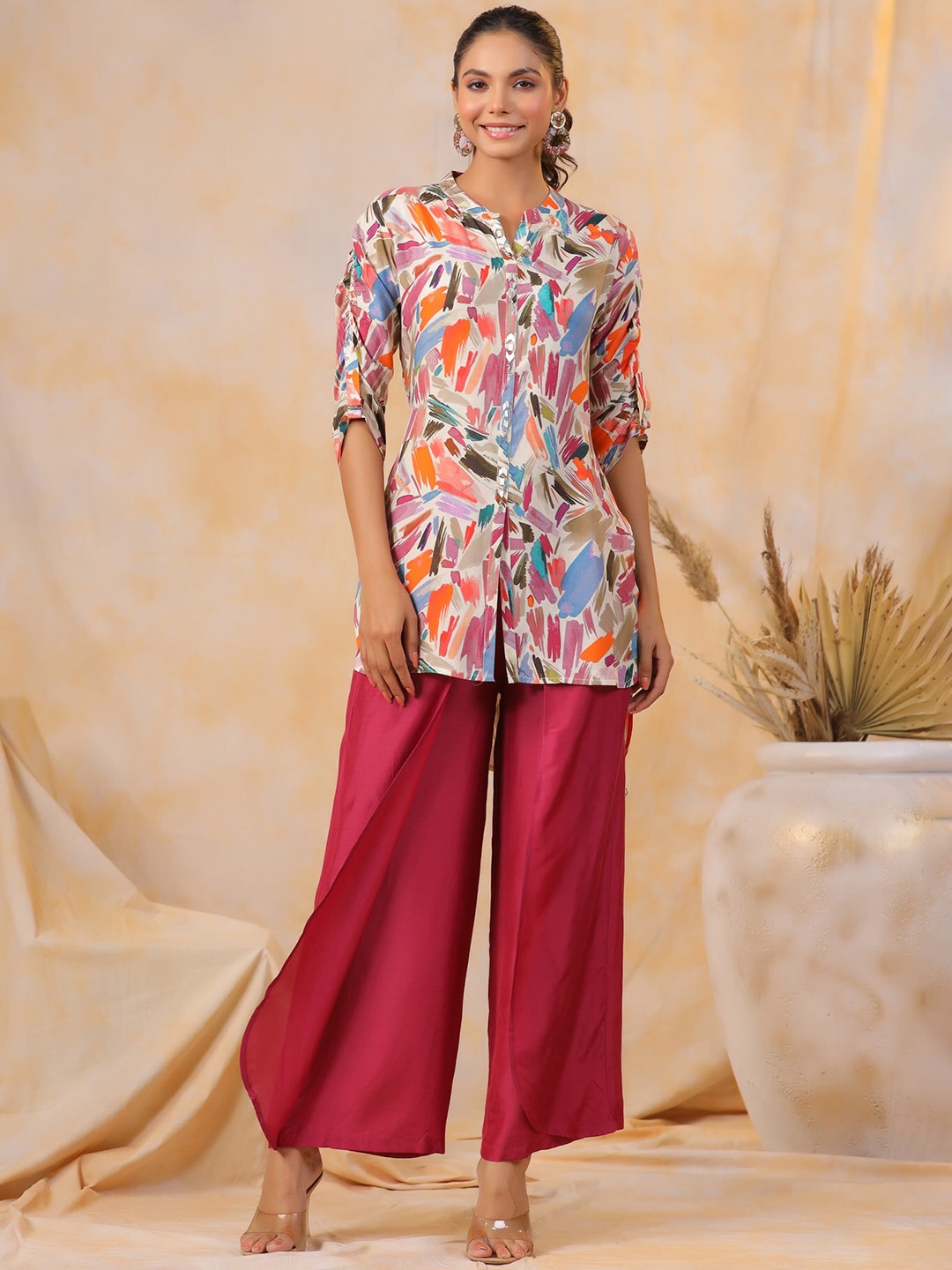 

JISORA Abstract Printed Pure Silk Top With Trousers, White