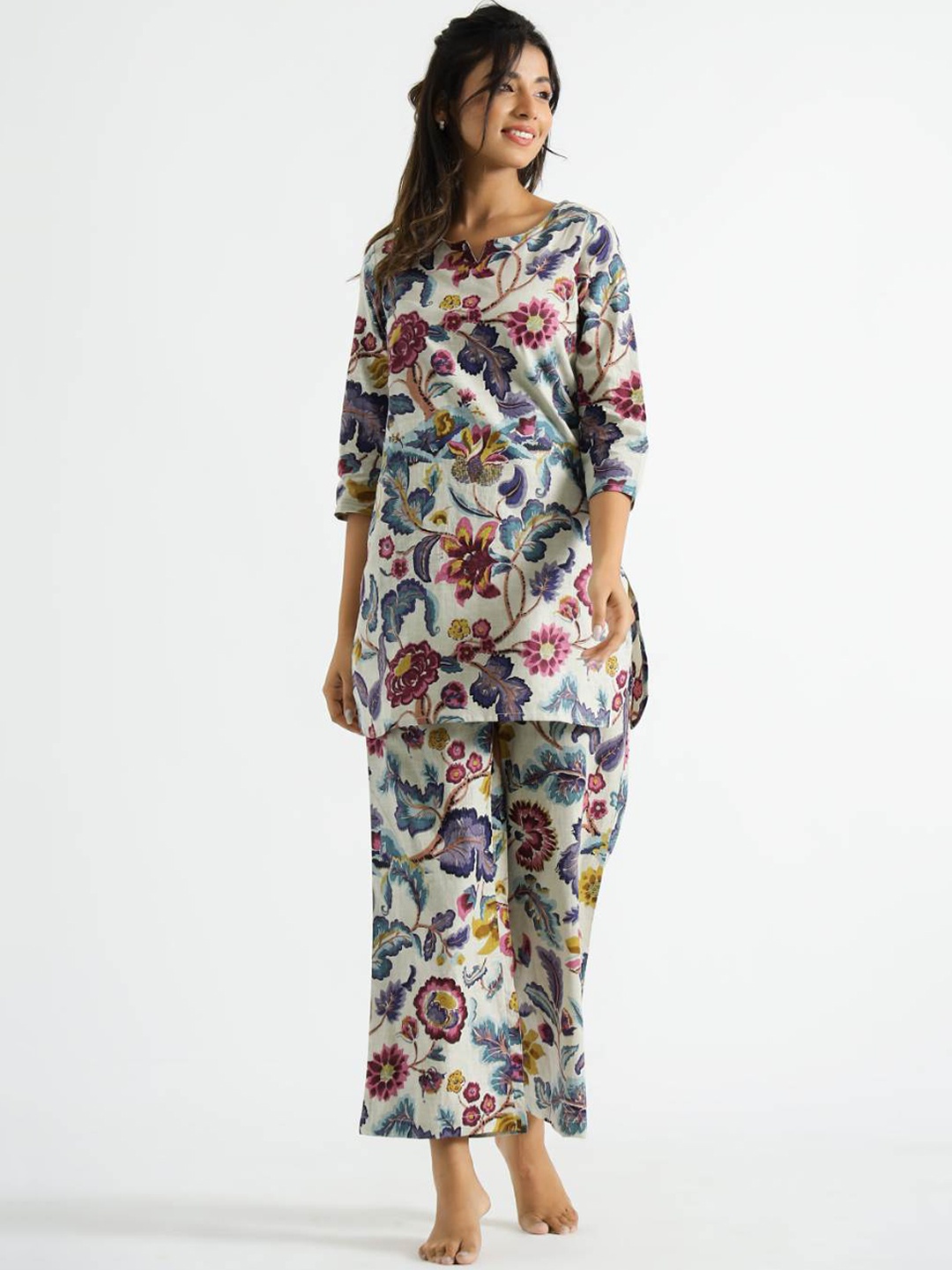 

FLAVIA CREATION Floral Printed Pure Cotton Shirt & Trousers Co-Ords, White