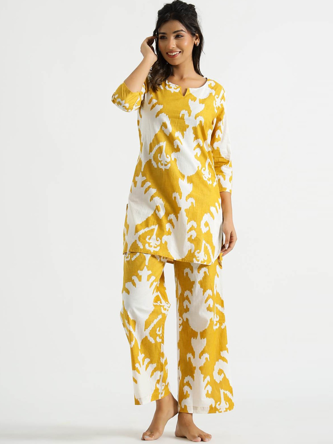 

FLAVIA CREATION Printed Pure Cotton Top & Trousers Co-Ords, Yellow