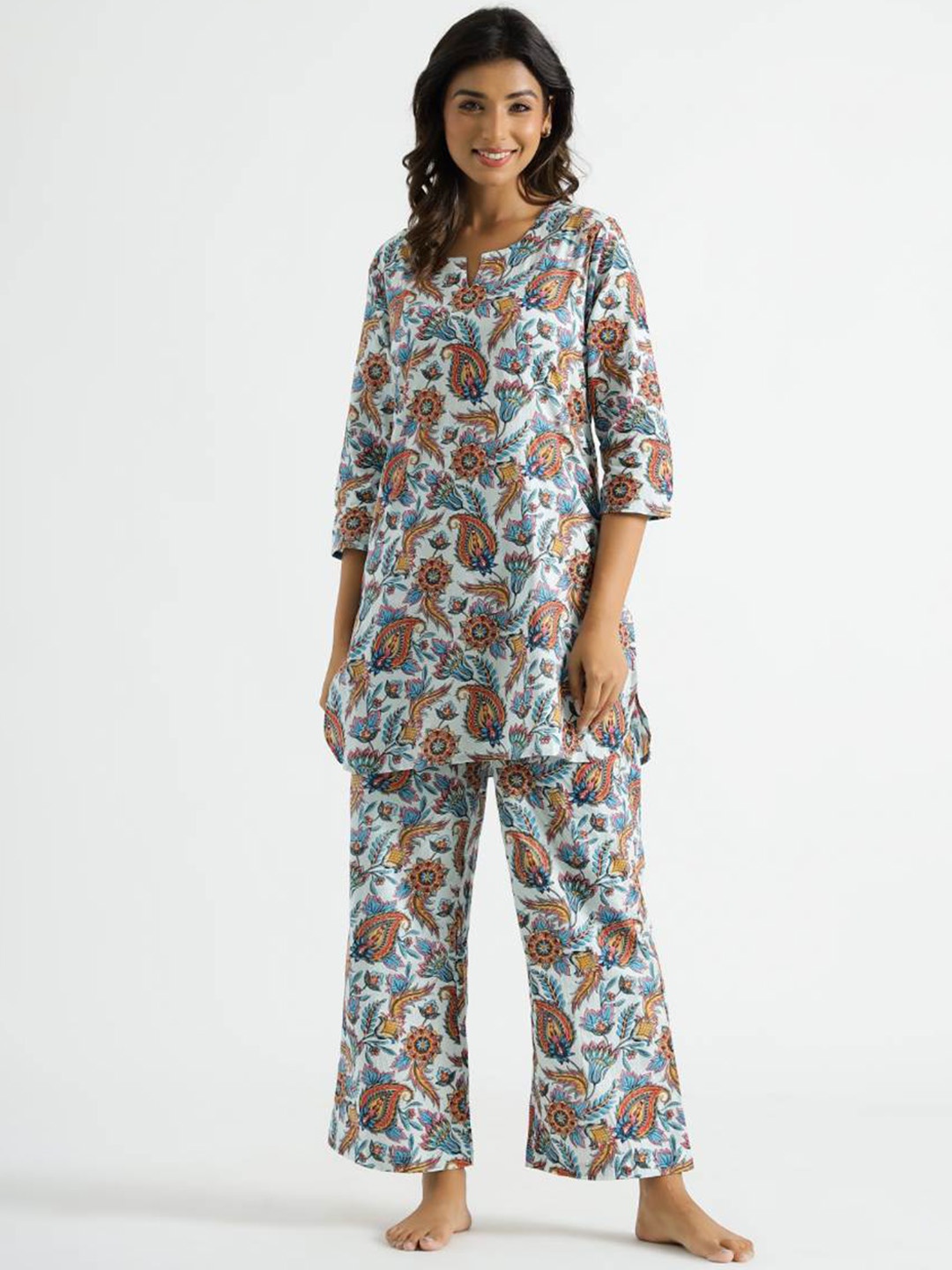 

FLAVIA CREATION Printed Pure Cotton Top & Trousers Co-Ords, White